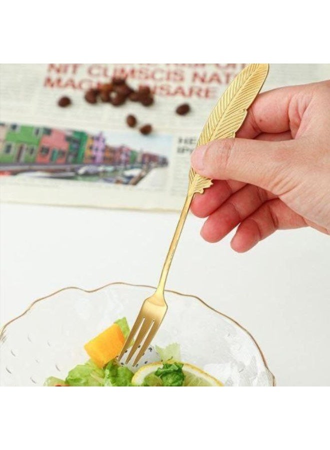 طقم شوك حلويات أنيق من الفولاذ المقاوم للصدأ بتصميم مستوحى من الريش الذهبي، 6 قطع، شوك تقديم أنيقة للحلويات والكيك والفواكه، إكسسوارات طاولة عصرية - Image 4